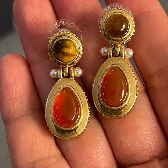 Carolee natural carnelian tigers eye freshwater pearl gold drop earrings - Picture 3 of 10